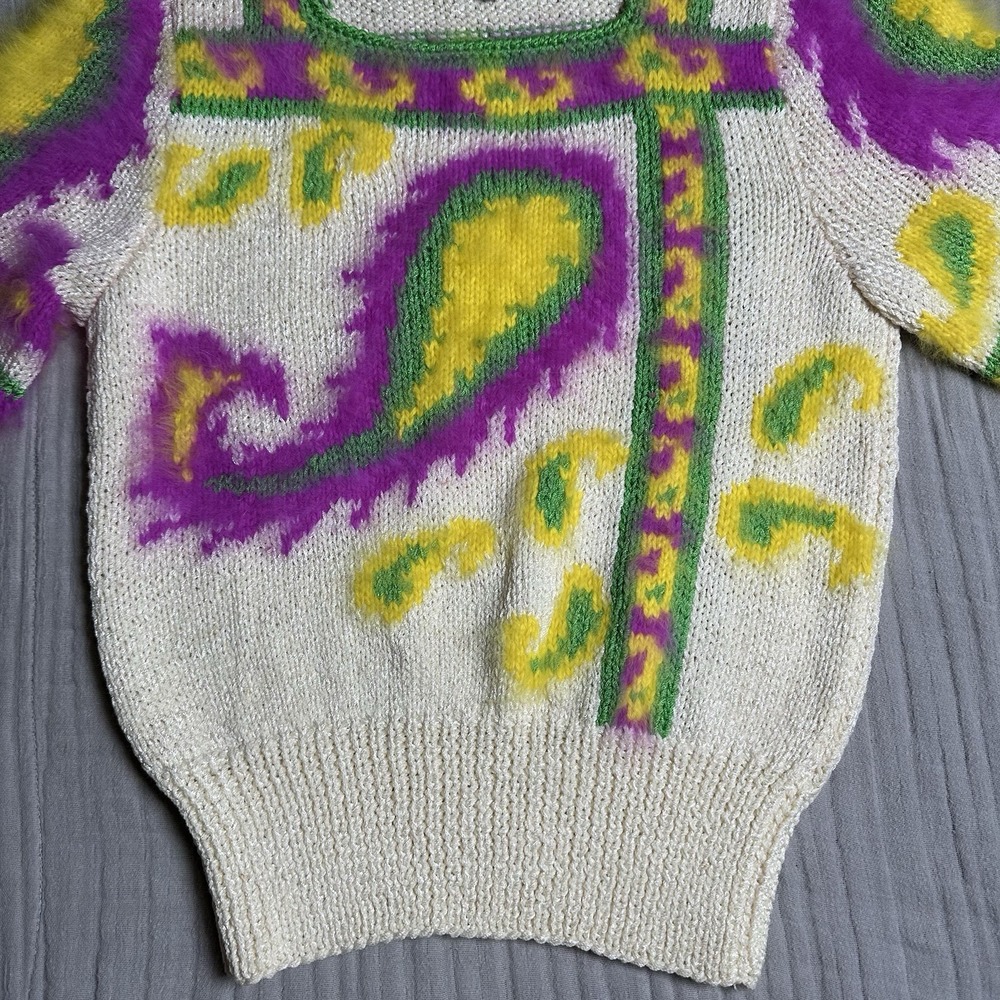 Vintage 80's Sheila Raymond Size Small Handknit Mohair Blend Paisley Sweater - Picture 3 of 13